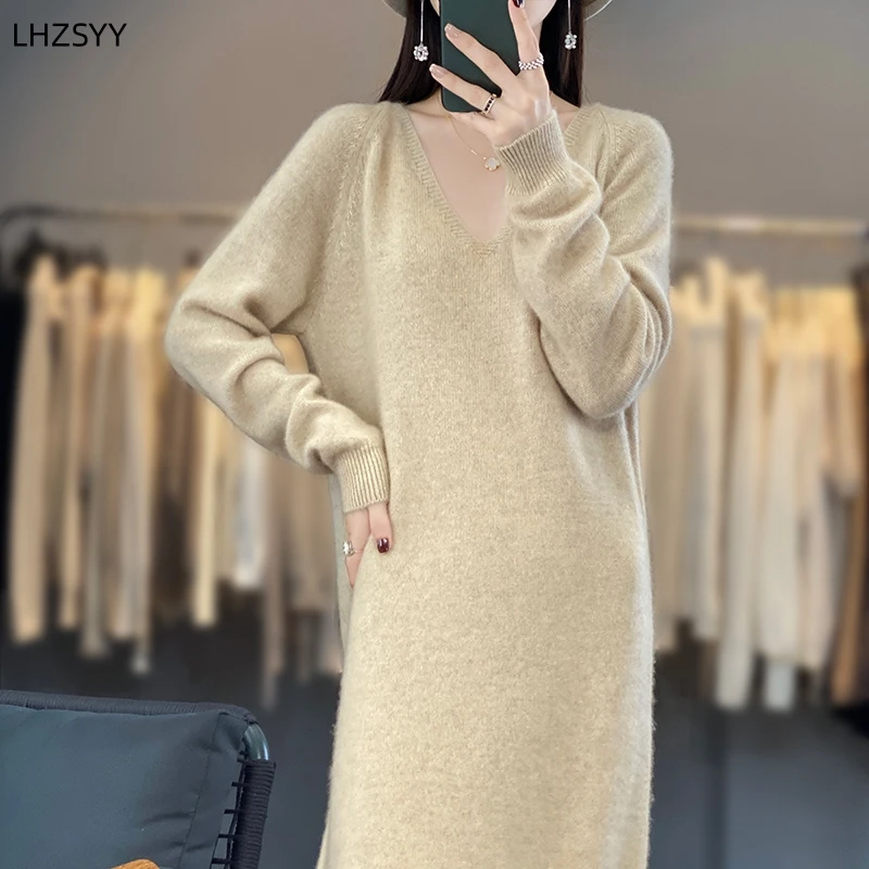 Lhzsyy 100% reines Woll kleid Frauen V-Ausschnitt mittellanges Oberteil loser großer Pullover lang ärmel iger warmer Pullover lässiger Strick langer Rock