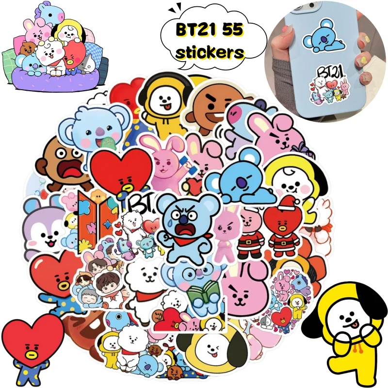 

New BT21 koya RJ Shooky Mang Chimmy Cooky 55 Stickers High Color Value Cartoon Printed Phone Case Desktop Waterproof Decoration
