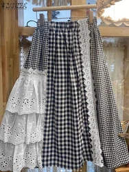 ZANZEA 2024 Women Plaid Skirt Fashion Lace Stitching Multilayer Overskirt Sweety Elastic Waist Jupes Casual Holiday Long Faldas