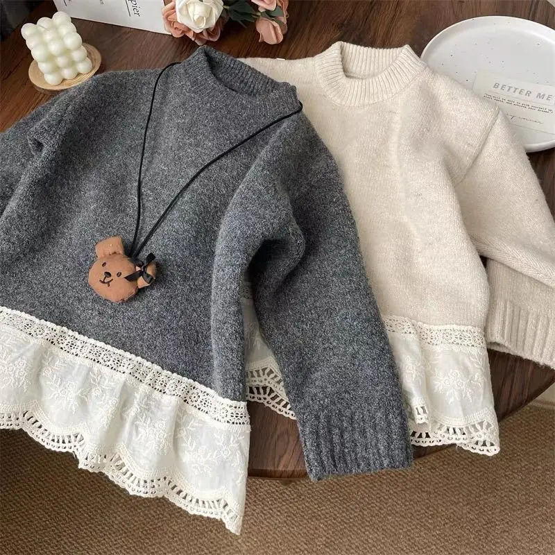 الخريف الشتاء الفتيات محبوك سترة لون نقي طويلة الأكمام قمم جولة الرقبة البلوز ملابس الأطفال مريحة نمط الحلو #1