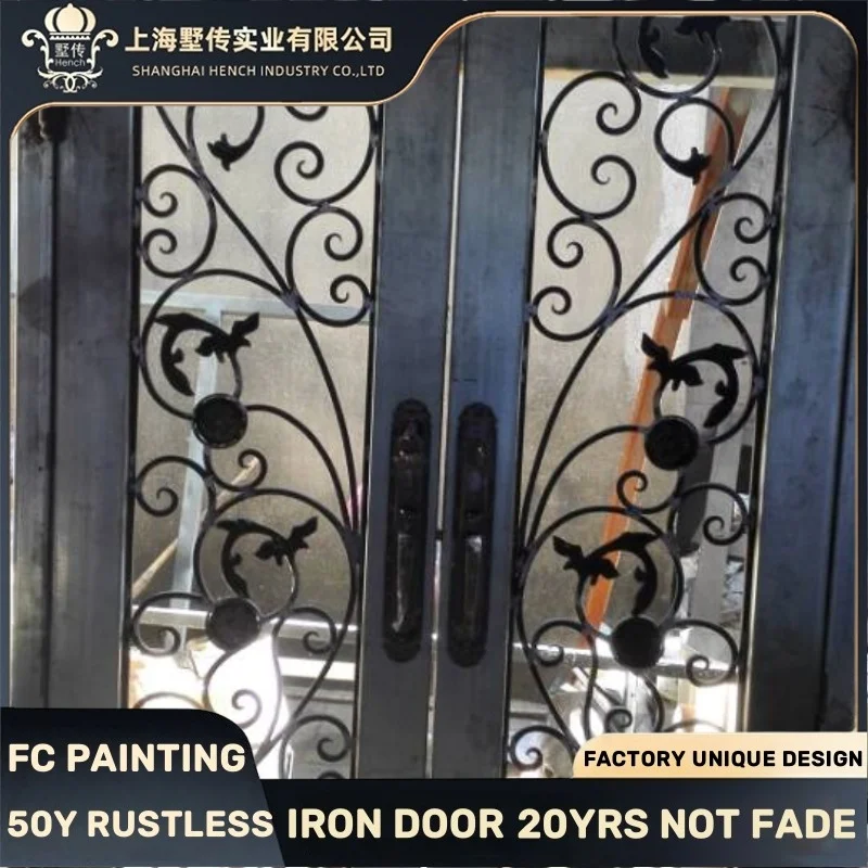 Home Modern Design Solid Steel Entry Door with Sidelites Wrought Iron Exterior Front Open