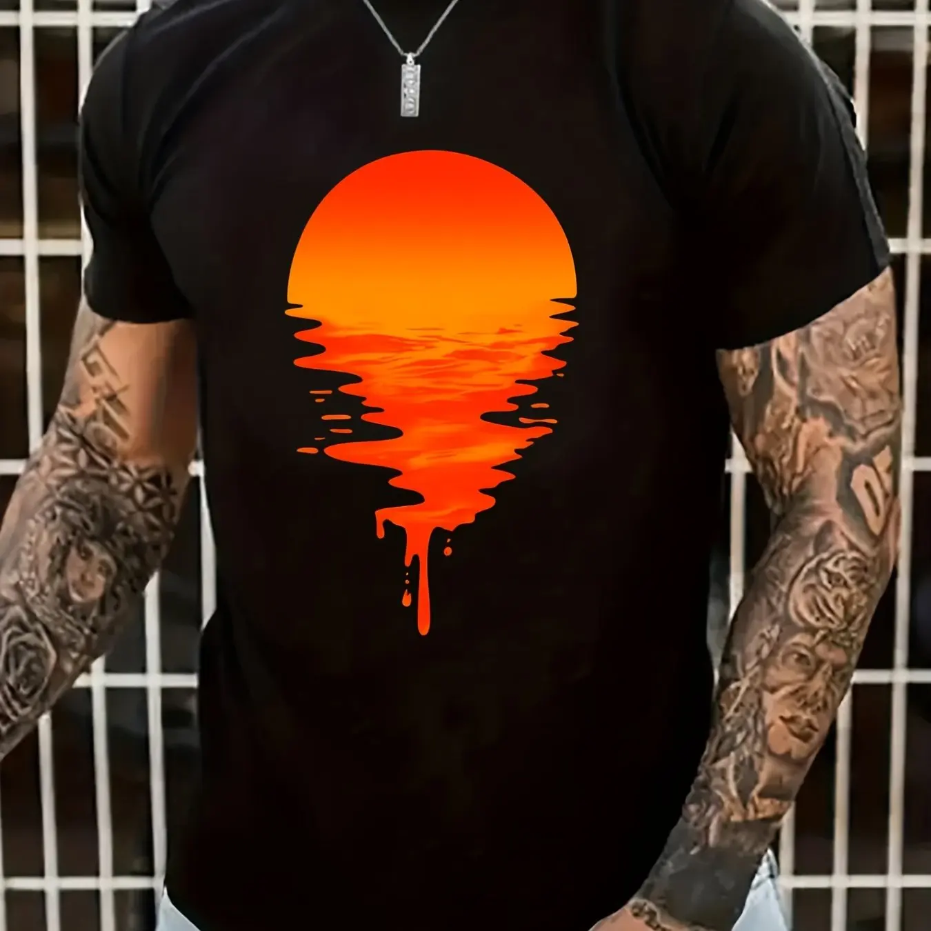 

Men's Black T-Shirt with Melting Sunset Graphic Comfortable Casual Short Sleevefor Nature Lovers and Trendsetters