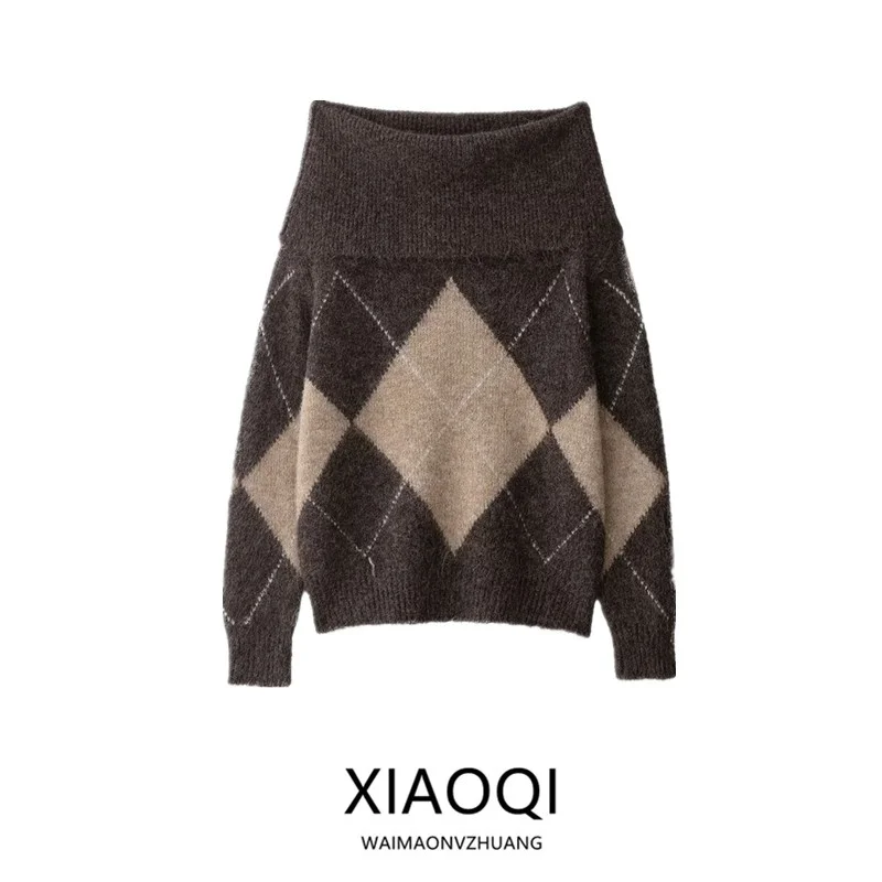 2025 Autumn New Arrival Women's Knitted Long Sve oulder Bared Straight Ribbed Diamond Patterned Knitwear Faionable Eur...