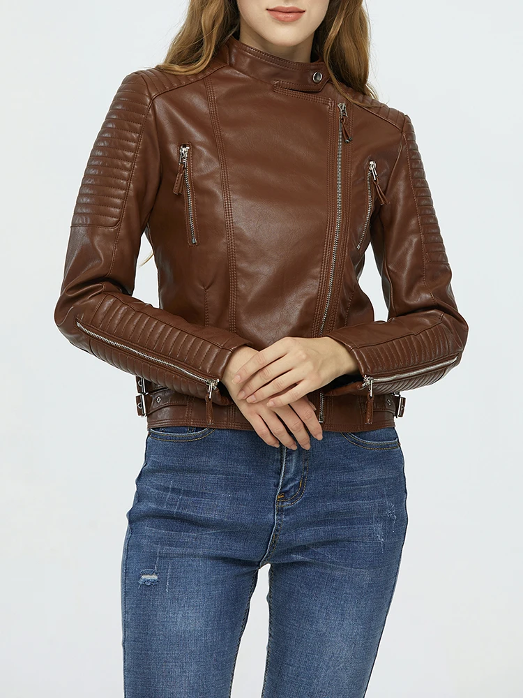 Ailegogo-Chaqueta corta de cuero sintético para mujer, abrigo Retro con cremallera, ropa de calle para motociclista, primavera y otoño