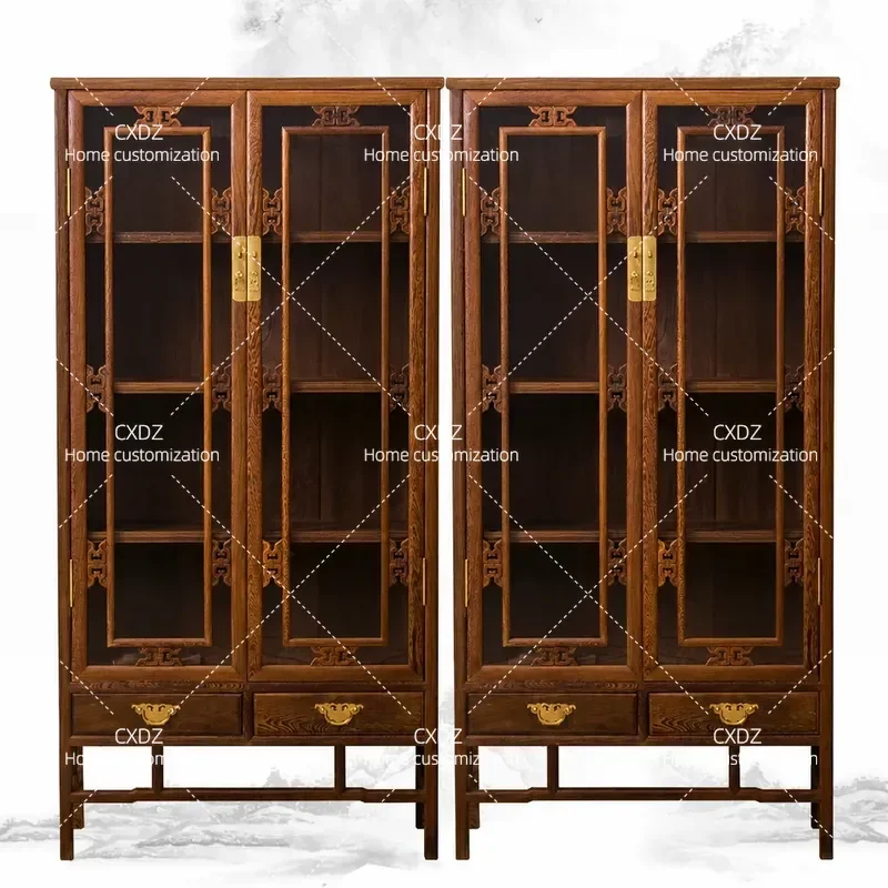 Chinese Solid Wood Bookcase Ming Qing Style Antique Glass Display Cabinet Classical Furniture Storage Shelf for Home Decor