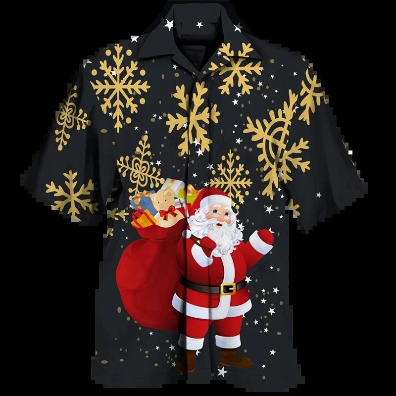 New Year Christmas Men Hawaiian Shirt Xmas Santa Claus Casual Short Sleeve Lapel Tops 3D Print Holiday Party Merry Y2k Blouse