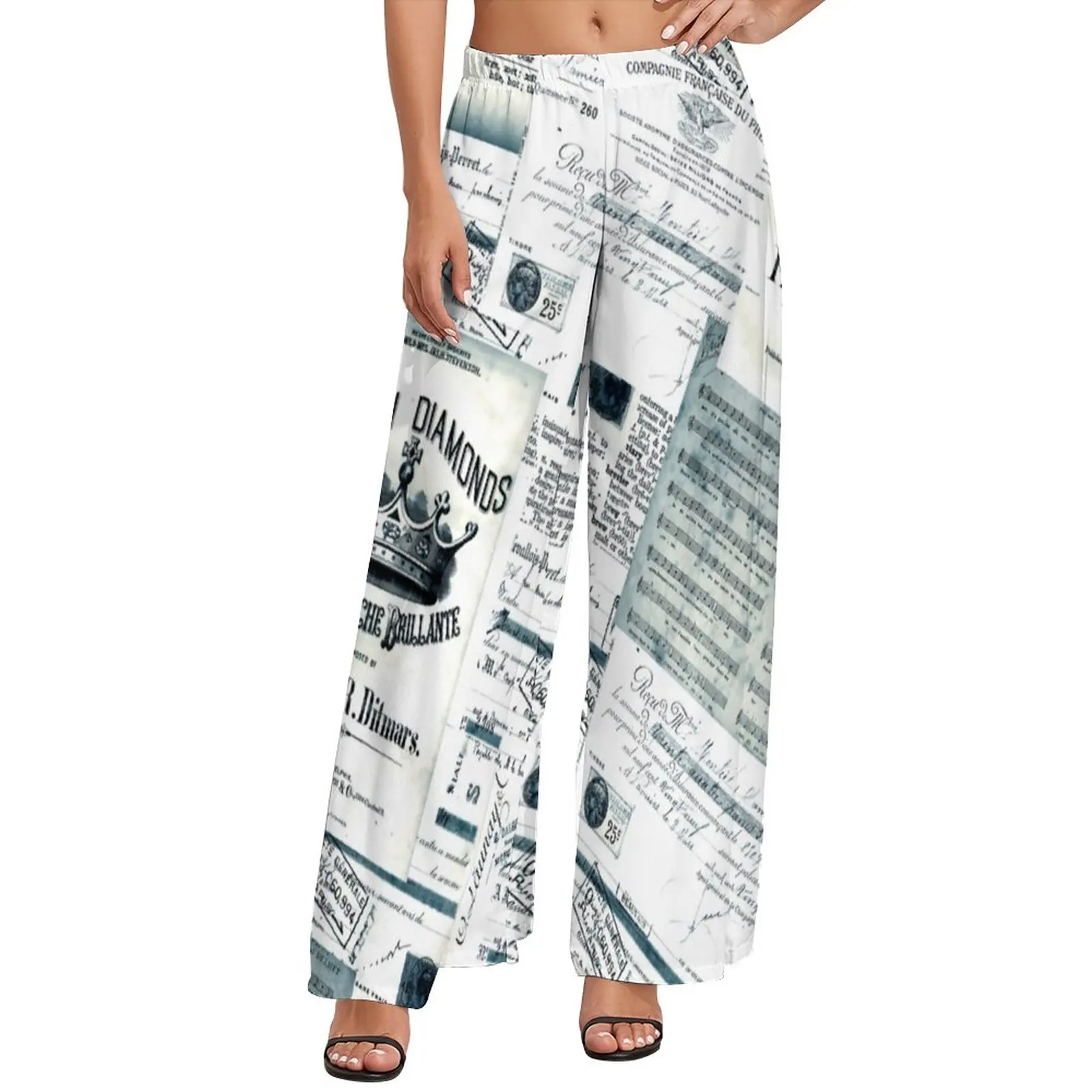 Newspaper Artwork Pants Vintage Black White Aesthetic Straight Wide Pants Elastic Waist Office Trousers 4XL 5XL 6XL