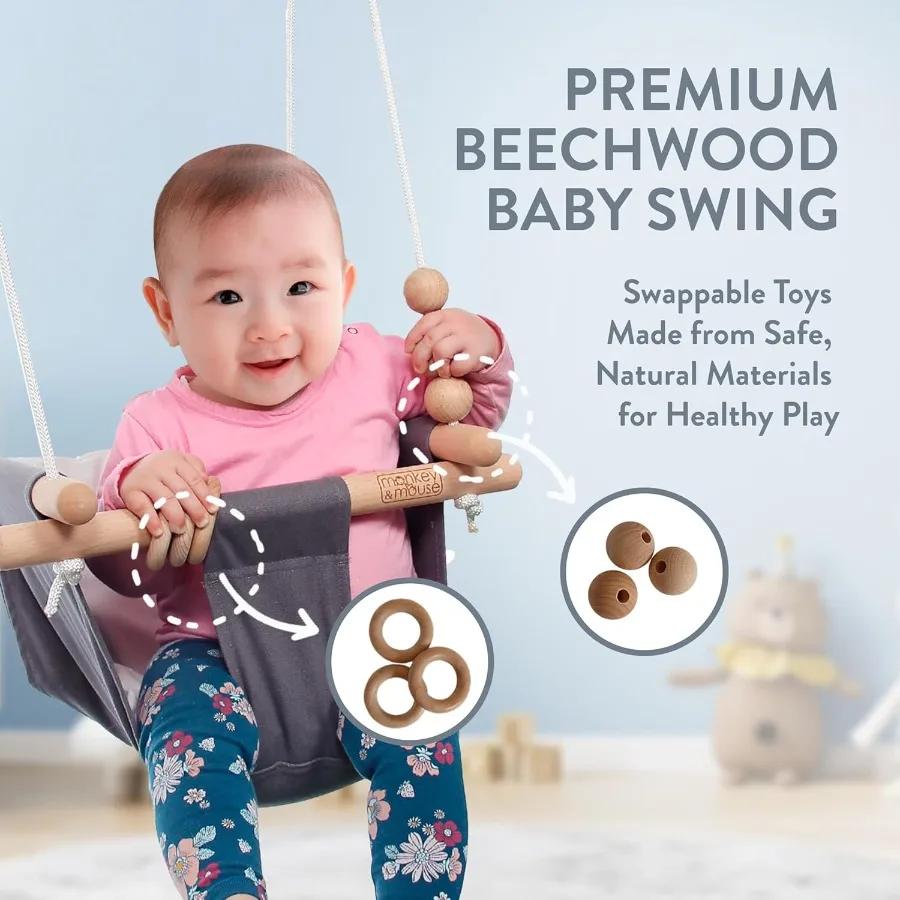 Babyschommel Lichtblauw Binnen Buiten Draagbare Hangstoel voor Baby's Peuters 6 Maanden - 4 Jaar Katoenen Canvas Beukenhout Fra