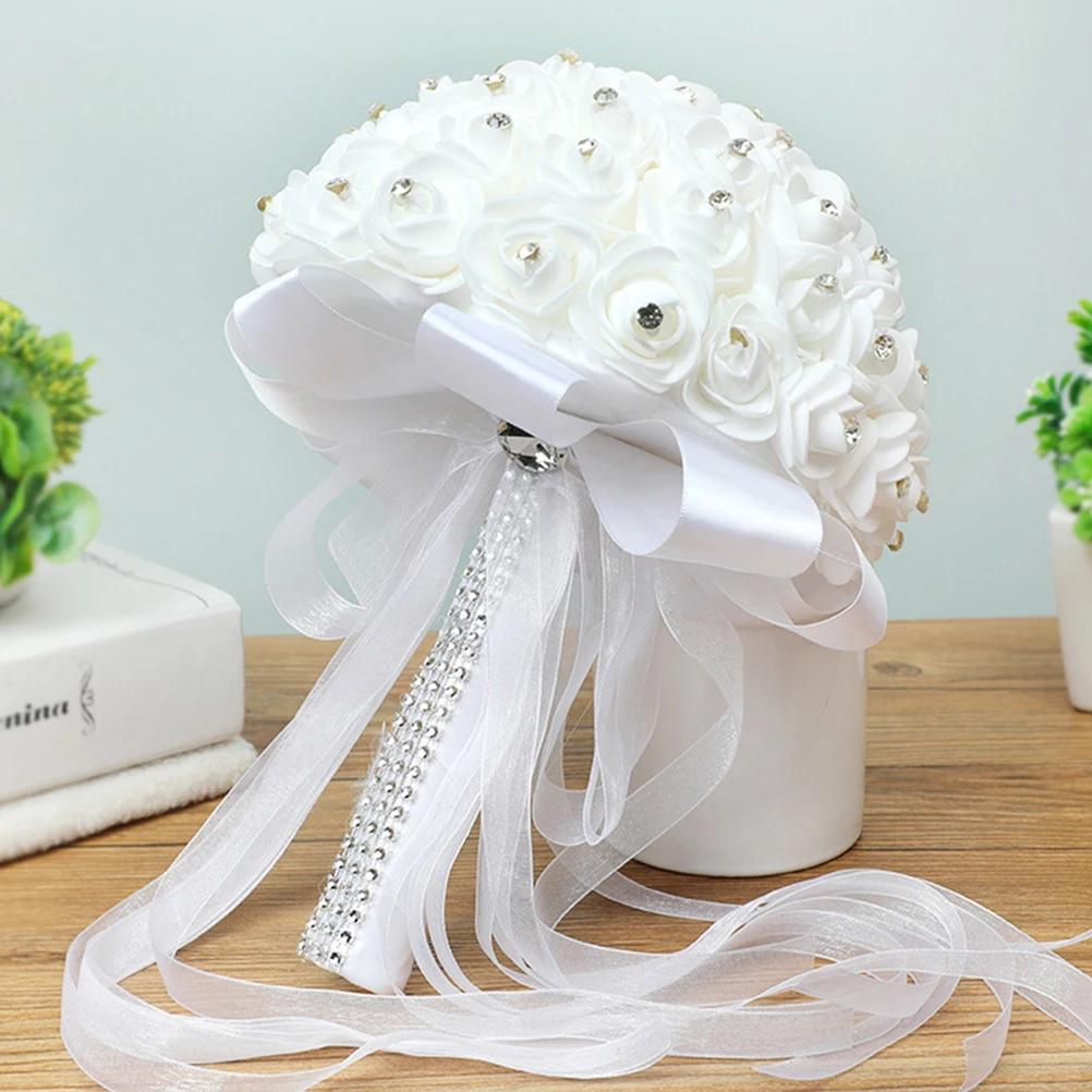 

Wedding Simulation Bridal Holding Bouquet Premium Artificial White Flowers Lifelike Pe Rose Wedding Supplies Party Decor Photo