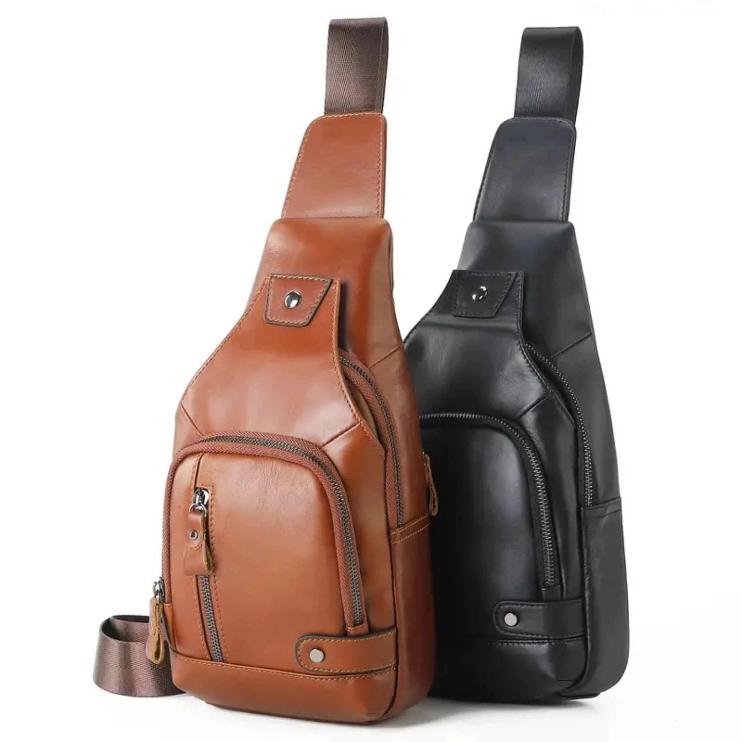 

Mens Stylish and Trendy Genuine Leather Crossbody Chest Bag with USB Charger - Versatile Casual One Shoulder Design Black