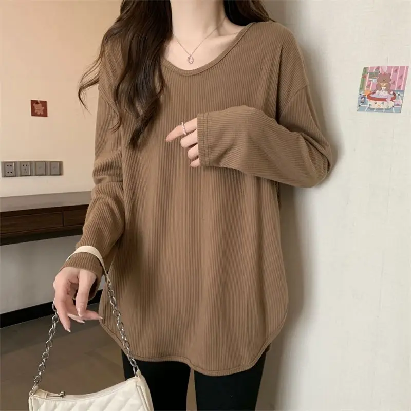 Street Casual Split Hem Loose Tops Spring Autumn New Long Sleeve O-Neck Solid Bottoming Shirt Fashion Harajuku Women Clothing