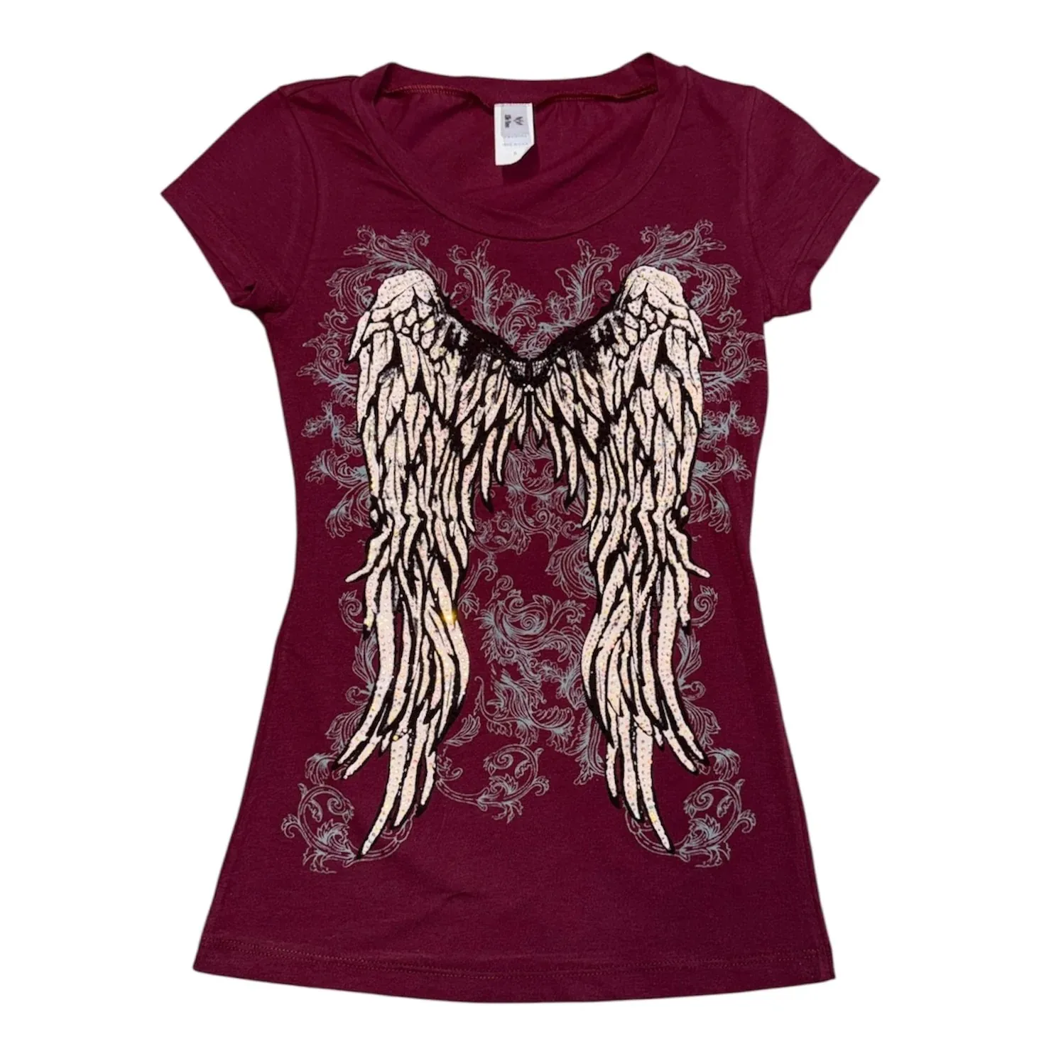 Gothic Aesthetic Top Women Burgundy Angel Wing Print Ornate Scroll Rhinestone Detail Short Sleeve Blouse 2026