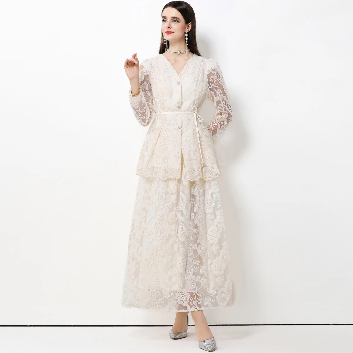 French Solid V-Neck 2 Piece Set Women's Clothing Single-Breasted Waist-Cinching Slim-Fitting Top + Skirt Embroidery Tulle Set