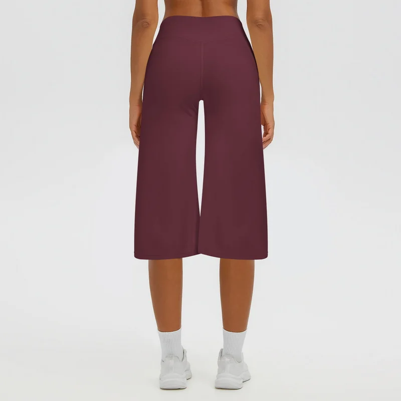 Women's Brushed Yoga Mid Length Pants High Waist Quick Drying Loose Fit Fitness Exercise Seven Inch Wide Lleg Pants
