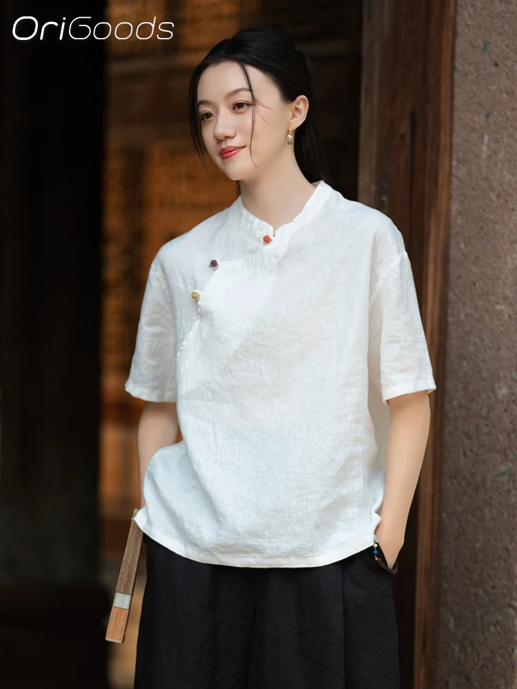 

OriGoods Linen Shirts Women 2025 New Summer Tops Chinese Style 100% Linen Blouse White Beige Thin Cool Loose Shirt Zen C126