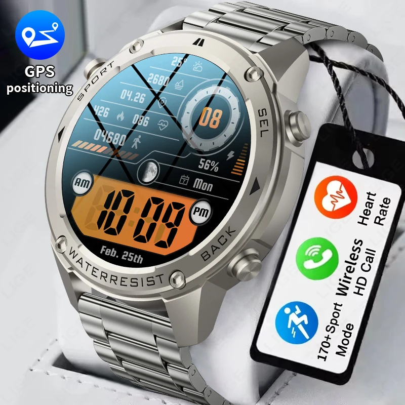 LIGE GPS 5ATM Smart Watch 1.43" AMOLED Screen Voice Call Outdoor Sports Watches Men Waterproof 500mAh Battery Health Smartwatch