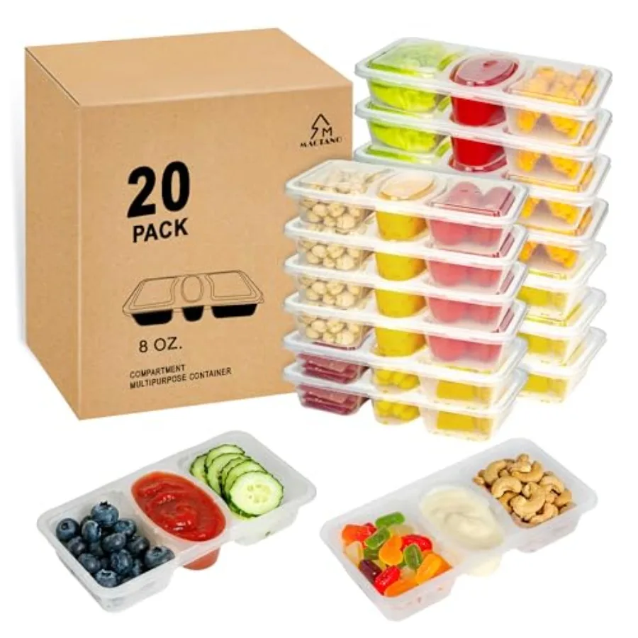 8 OZ Reusable Snack Containers with Lids, New 3 Compartment Condiment Snack Pack Containers 20 Sets