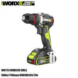 Worx 무선 듀얼 스피드 드릴 충전식 브러시리스 WU173, 20v, 50Nm, 1900rpm, 18 + 1 토크, 조정 가능한 공유 그린 배터리 플랫폼