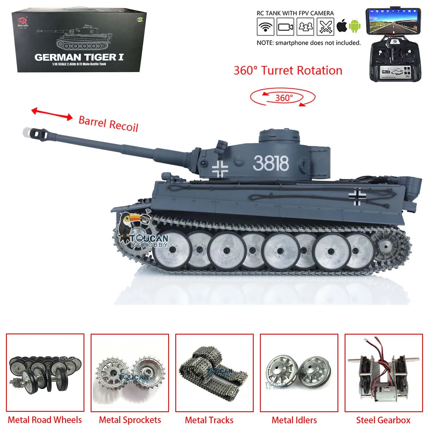 Heng Long 1/16 RC Tank Tiger I 7.0 Ready to Run Model Radio Control Tank 3818 FPV Camera Barrel Recoil Metal Wheels Cars TH17245