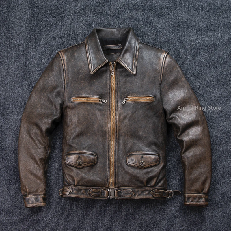 New Vintage Aviator Jacket Washed Aged Full Cowhide Leather Men's Short Lapel Genuine Leather Jacket Locomotive Jacket 1.4mm