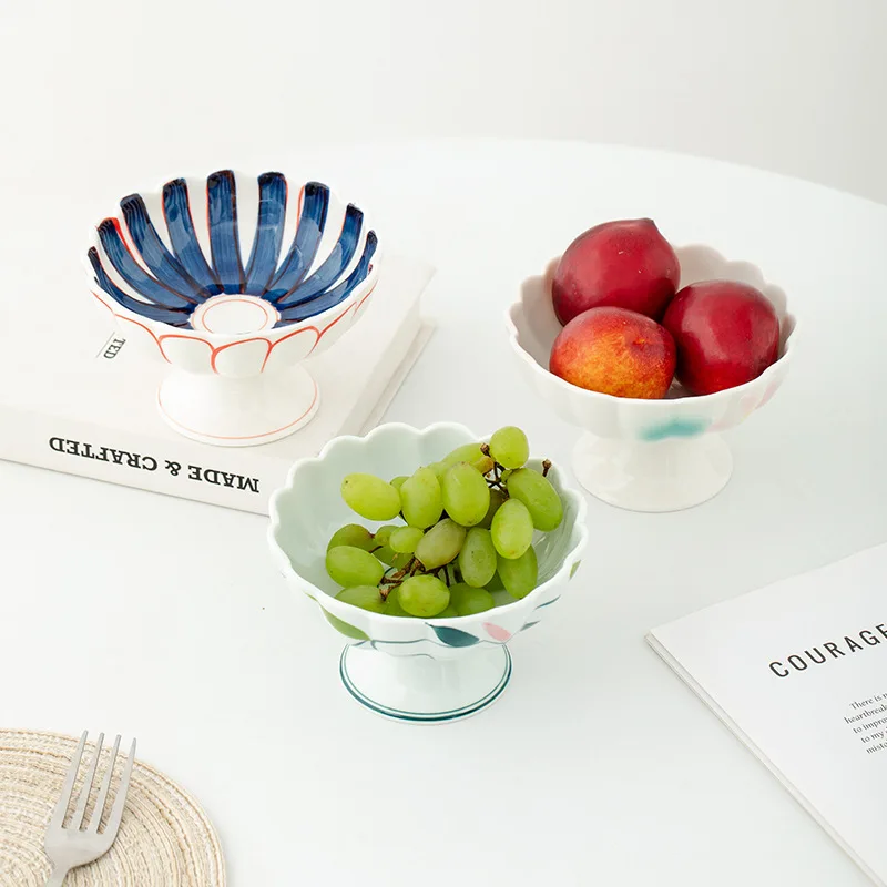 Hand Painted Scalloped Pedestal CeramicFruit Bowl,High Foot Snack Nut Serving Plate CoffeeTable Oriental Tabletop HomeDecor Tray