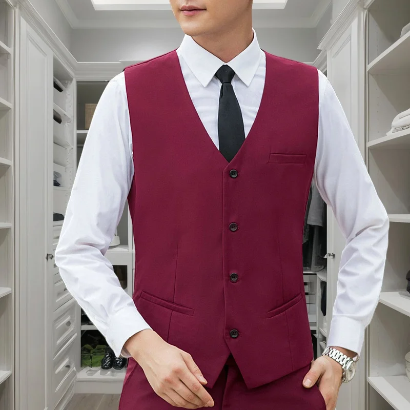 Elegant Suit Vest Men's, Business Sleeveless Vests Jacket, Asian Size S-6XL Wedding Party Waistcoat Man Black Gray Navy wine red