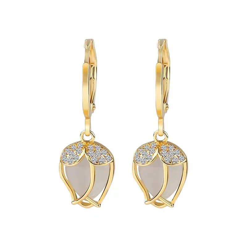 Korean Fashion Elegant Shiny Crystal Earrings For Women Cat Eye Stone Earrings 2024 Trendy Luxury Vintage Jewelry Party Gifts