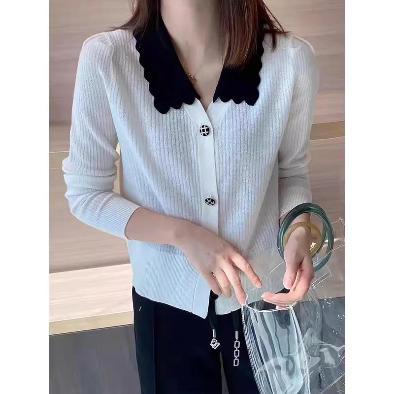 Women Clothing Solid Knitwear Spring Daily Casual Commuting Simple V-neck Fashion Short Sweaters Chic Button Cardigan Tops