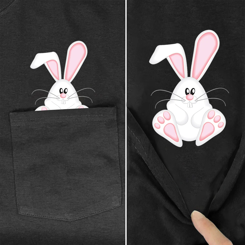 CLOOCL Cute Bunny T-shirts Female Black Pure Cotton Rabbit Pocket Tees Funny Womens Tees Summer Hip Hop Tops Graphic T Shirts