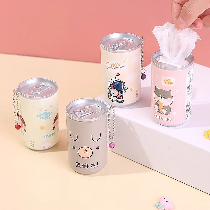 30 Sheets Portable Canned Wet Wipes Children Barreled Cans Cleaning Cloths Creative Cartoon Chain Cute Small Bell