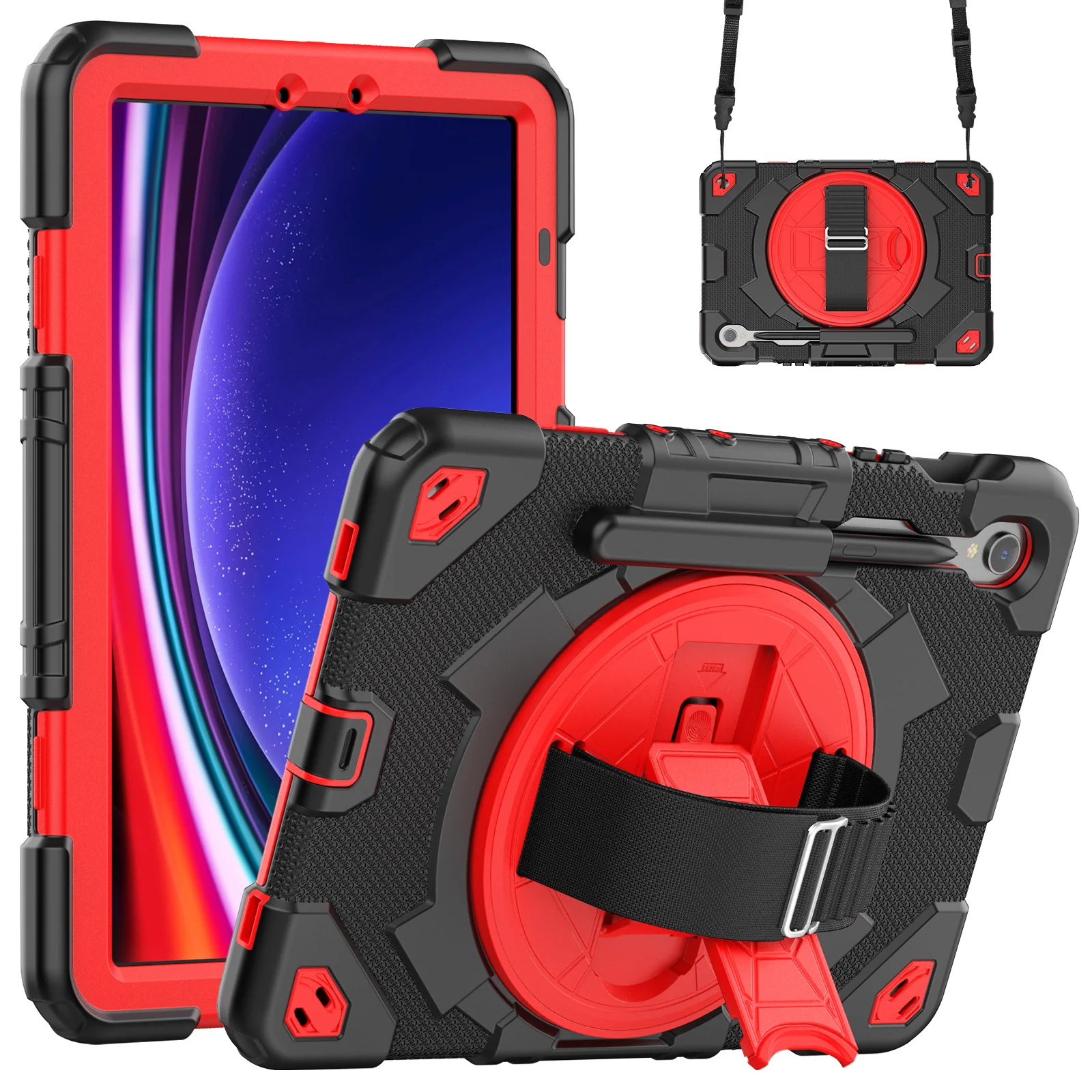 

Rotating Hand Strap Armor Case For Samsung Galaxy Tab S9 FE Plus SM-X710 X510 X810 X610 3-in-1 Protection Stand Cover Pen Slots