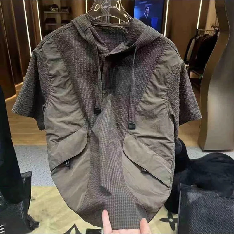 

Women Fashion Spliced Hooded Short Sleeve T-shirt 2026 Summer Loose Casual Streetwear Tops Breathable Plaid Half Sleeve Pullover