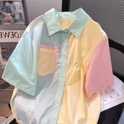 Japanese Sweet Patchwork Colorful Shirts Preppy Student Short Sleeve Single Breasted Shirt Harajuku Lovers Loose Casual Harajuku