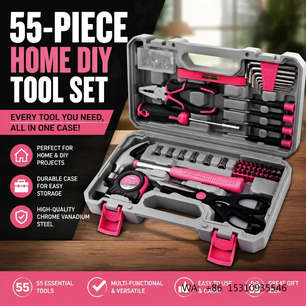 55 Pcs Home Repair Tool Set  DIY Hand Tools Kit Multi Purpose Maintenance Tool Box with Hammer Wrench Scissors