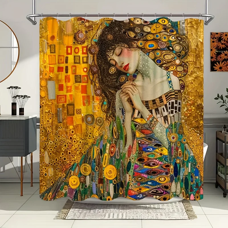 

klimt style golden woman art shower curtain vintage ornamental design for elegant bathroom decor with hooks easy to care for