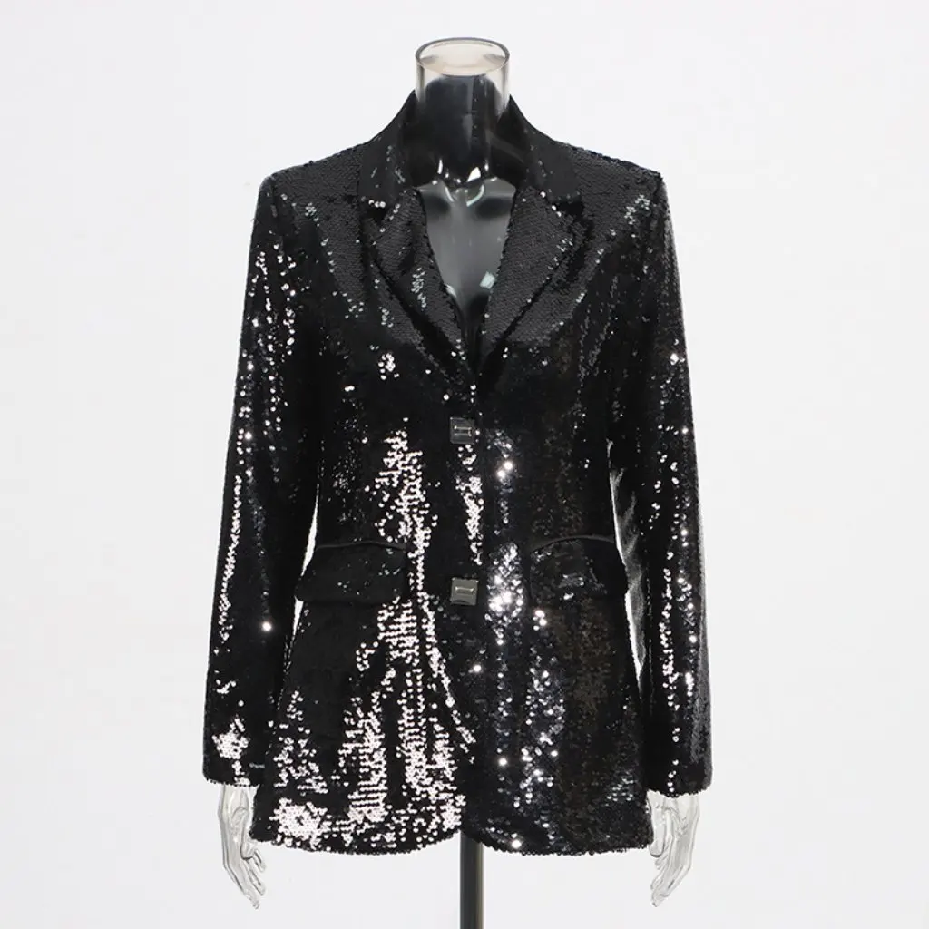 Women's Sequin Design Slimming Suit Jacket V-Neck Square Buckle European And American Style Spring New Top for Women