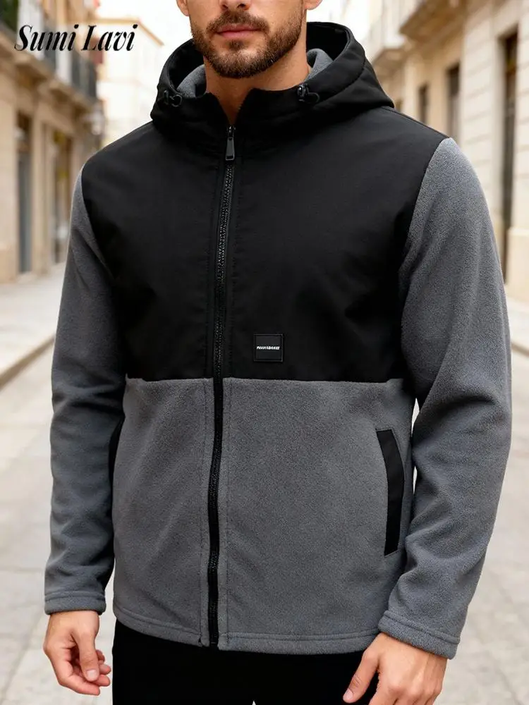

Daily Casual Warm Jacket With Hooded Mens Fashion Contrast Color Patchwork Fleece Outerwear For Men Fall Winter Stylish Jackets