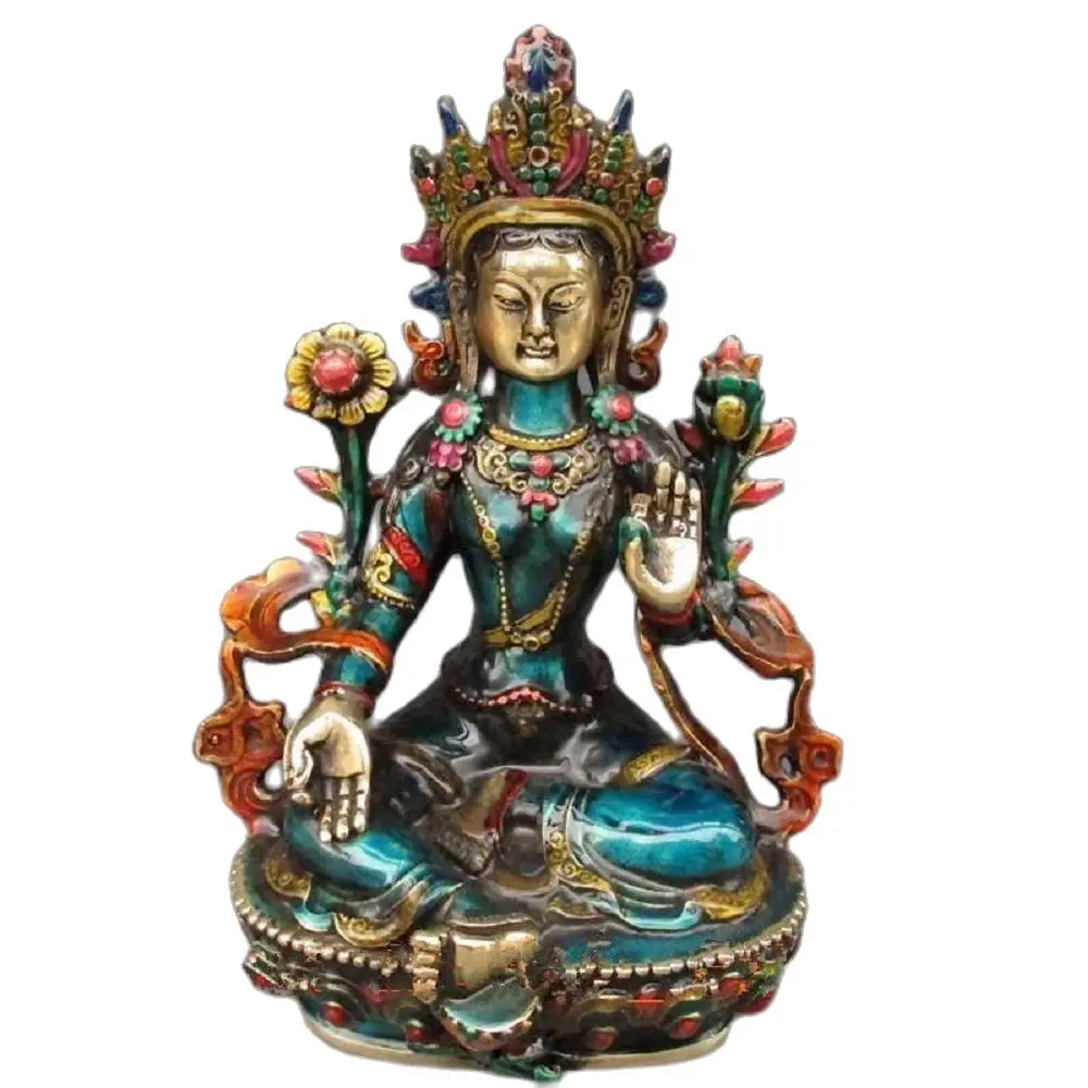 

21CM Bronze Factory Pure Brass Antique 8.66 inch Exquisite Hand-carved Cloisonne Buddhist Buddha Green Tara Statue