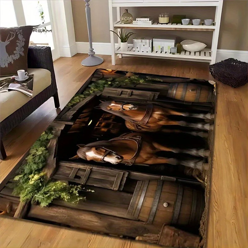 Traditional Horse Pattern Entrance Mat, Non-Slip Washable Floor Rug, Artistic Home Decor Carpet