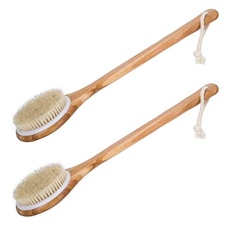 

2X Best Bath Dry Body Brush -Natural Boar Bristles Shower Back Scrubber With Long Handle For Cellulite, Exfoliation