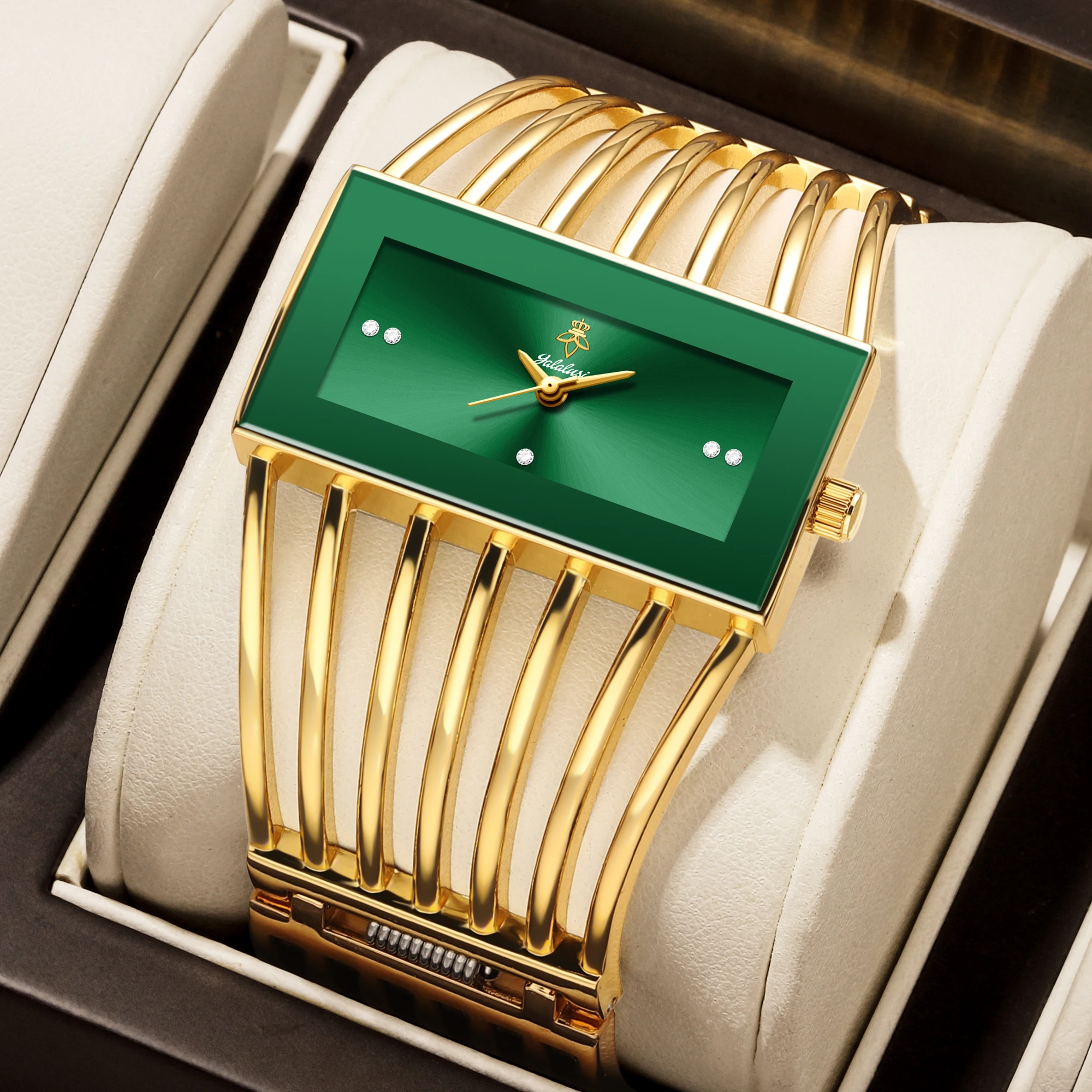 YaLaLuSi Fashion Ladies Hollow Gold Cuff Watch green Rectangle Dial Diamond Mark Quartz Wrist Watch Luxury Jewelry Gift Watch