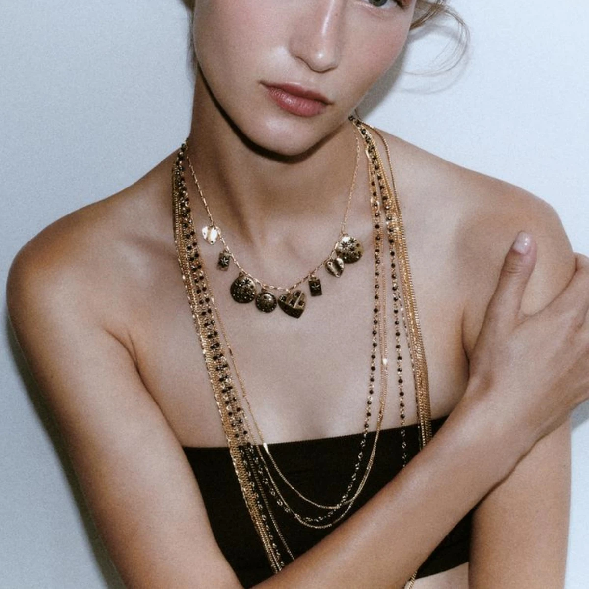 

ZAA 2025 Pack Of 3 Chain Bead Charm Necklaces For Women Multilayer Golen Metal Exquisite Banquet Accessories