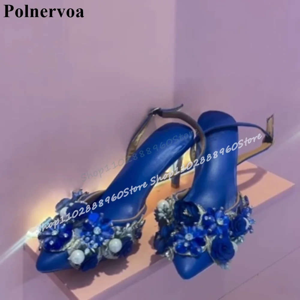 

Blue Leather Flower Stringbead Pointy Sandals Stilettos High Heel Women Shoes Ankle Buckle Strap Pointed Toe Trending Sandals