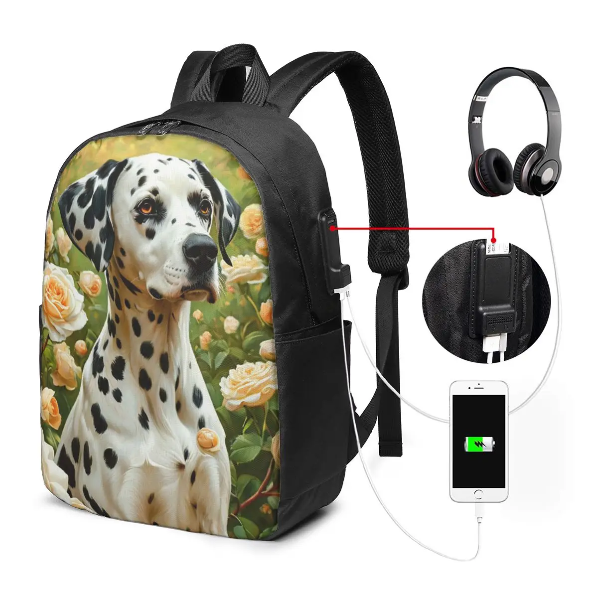 Dalmatian Dog And Flower Background Backpack Travel Notebook Bag Computer College Student School Bag Laptop Shoulder Bags