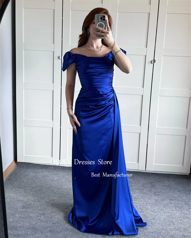 OLOEY Royal Blue Satin Evening Dresses Arabic Women Off Shoulder Satin Pleats Long Prom Gowns Formal Occasion Party Dress