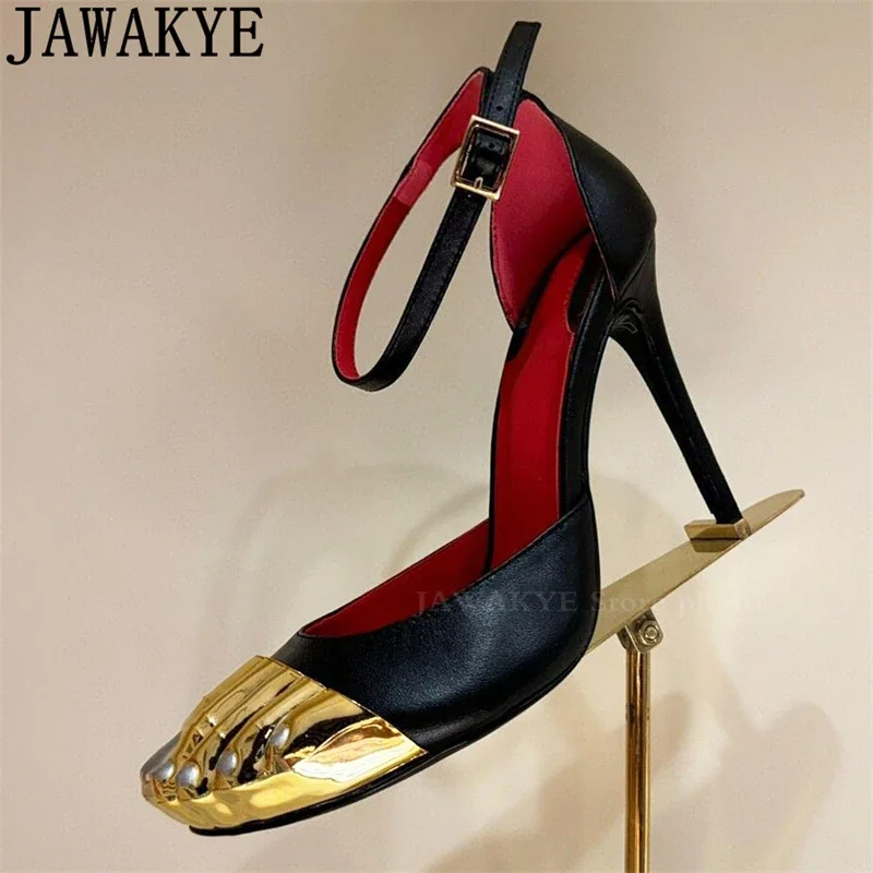 Gold Black High Heel Sandals Genuine Leather Special Designer Finger Shape Toe Woman Summer Fashion Sexy Party Shoes Mary Janes