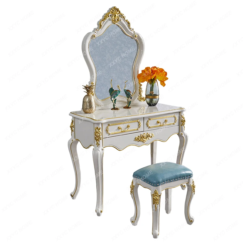 

European Style Dresser Solid Wood Carved American Villa Bedroom High-Grade Golden Princess Integrated Makeup Table