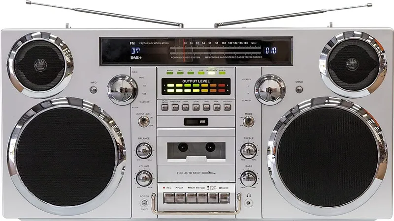 FOR Brooklyn 1980S-Style Portable Boombox - CD Player, Cassette Player, FM Radio, USB, Wireless Bluetooth Speaker - Silver