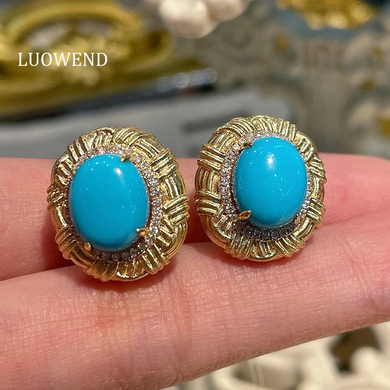 

LUOWEND 100% 18K Yellow Gold Earrings Luxury Elegant Style Shiny Diamond Natural Turquoise Earrings for Women Fine Jewelry