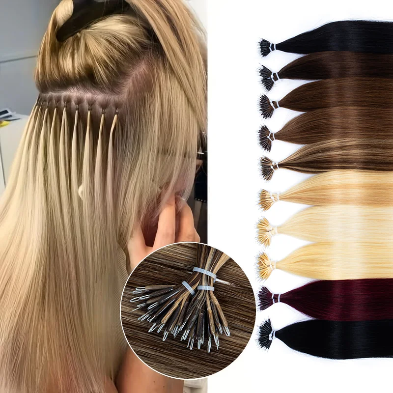18 Zoll schwarze und hellbraune Nano-Ringe, Haarverlängerung, Mikroringe, Keratina Italiana, Haarverlängerungen, nicht-Remy, 50 Strähnen/Packung